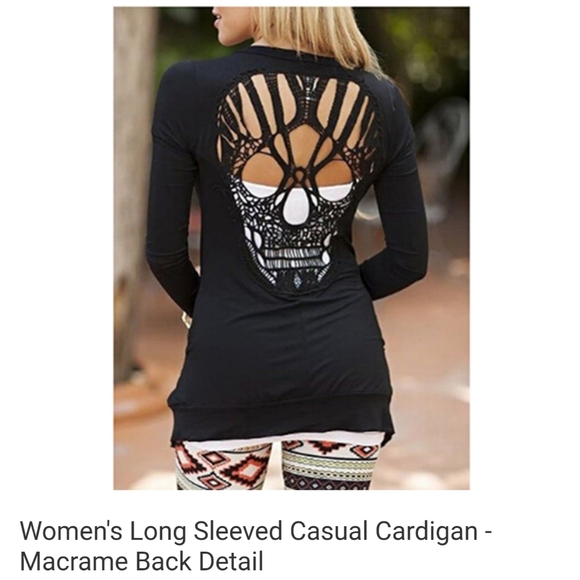 Sweaters - Black long sleeve casual cardigan with skull cut o